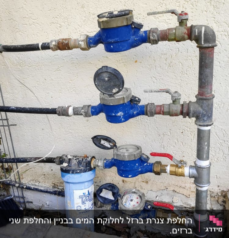 מד מים כחול עם ברזים וצינורות